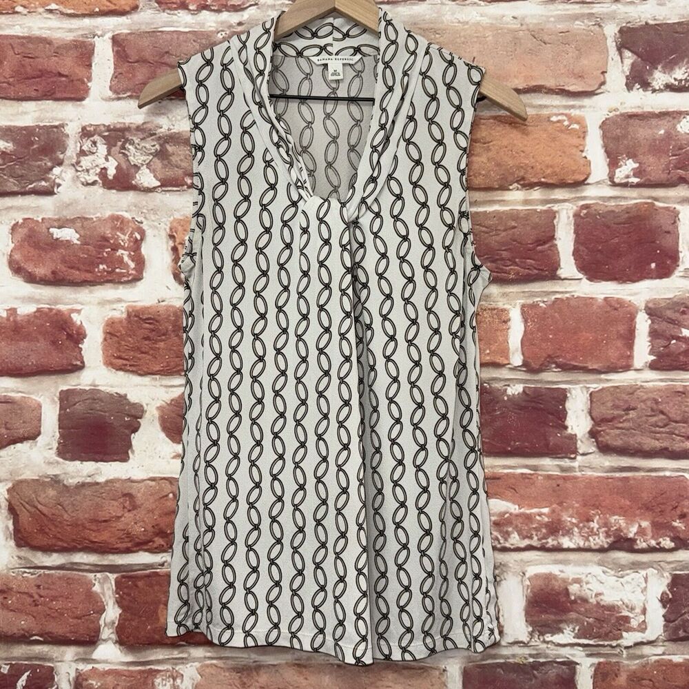 Banana Republic Top Women's M Off White Multicolor Chain Link Twist Neck Shirt